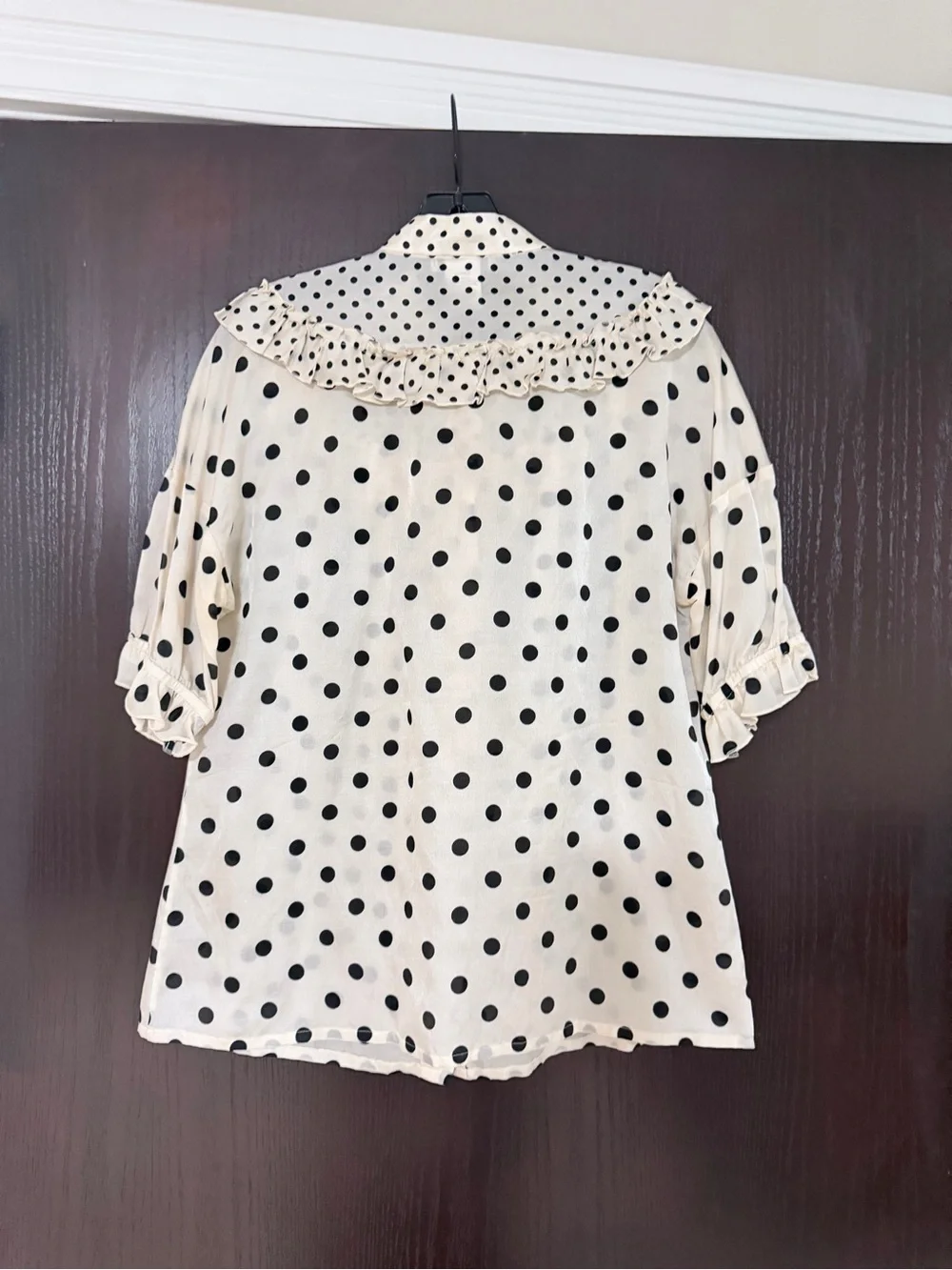 Sonia Rykiel Cream Blouse with Black Polka Dots and Ruffle Tie Collar